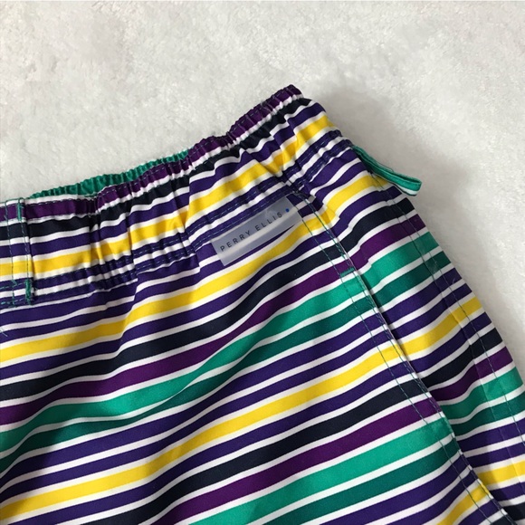 Perry Ellis Striped Men's Medium Swim Trunks Board Shorts Green Blue Yellow - Picture 2 of 13